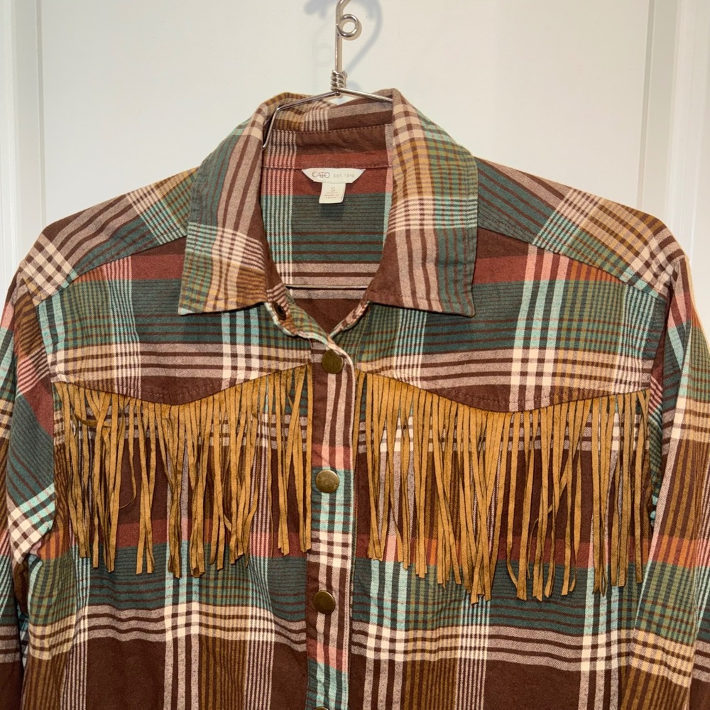 Cato Womens Small Plaid Fringe Shacket Western Cowgirl Snap Button Shirt